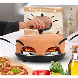 Heidenfeld Pizzachef Forno per pizza | Spazio per 6 persone - Forno elettrico per pizza - 1100 Watt - Forno Raclette con coperchio in terracotta - Pizzamaker con pale per pizza incluse (Terracotta)