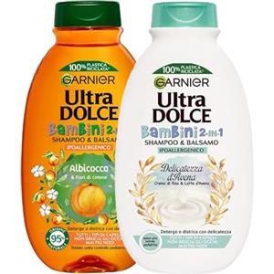 Garnier Ultra Dolce Shampoo e Balsamo 2in1 Ipoallergenico per Bambini Detergente Lenitivo Districante Testato Sotto Controllo Pediatrico Delicatezza d'Avena + Albicocca - 2 Flaconi da 400ml