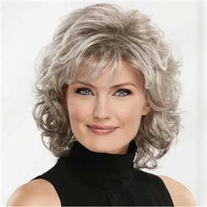 SUOCMG Parrucche sintetiche da donna, corte, ricce con frangia, lunghezza alle spalle, biondo grigio bianco marrone, 8-12 POLLICI