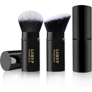 LORYP Set di 2 pennelli da trucco retrattili neri Kabuki per fondotinta liquido in crema e cipria