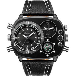 JewelryWe Orologio da Polso Grande Punky Militare Sport per Uomo, Bussola e Termometro Decorativo Dual Time Cinturino in Pelle Retro Vintage Gotico Quadrantini