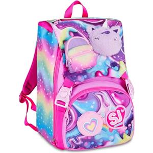 SJ GANG STYLE JAM GANG Zaino Scuola Estensibile SOFT POUCH GIRL, Multicolore, 24L, Zip Laterali, Applicazione morbido unicorno, Tasca frontale, Tasca portaborraccia, Scuola elementare, Bambina