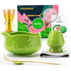 TEANAGOO Set di 7 fruste per tè Matcha verde con design a fiori di ciliegio, kit completo per cerimonia, ciotola Chawan in ceramica con beccuccio, frusta e accessori, set da tè matcha tradizionale per