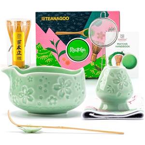TEANAGOO Set di fruste Matcha, 7 pezzi, blu verde, kit per cerimonia matcha, set da tè matcha per fare latte, ciotola in ceramica (chawan) con beccuccio e frusta, regalo per gli amanti del matcha