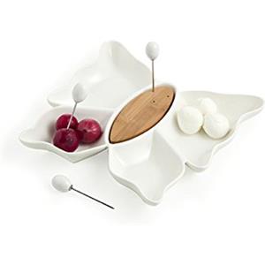 Brandani Antipastiera Butterfly in Porcellana Bianco con 4 Scomparti e 3 Forchettine in Acciaio
