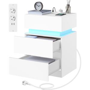 WOLTU Comodino con Stazione di Ricarica, Comodino a LED Connesso, 2 Prese, 2 Porte USB, 2 Cassetti, 1 Scomparto con Sportello, per Camera da Letto, 40 x 35 x 55 cm, Bianco