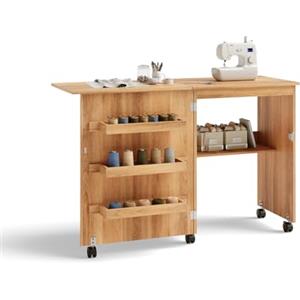 LIFEZEAL Armadietto per Cucito, Tavolo per Macchina da Cucire, Tavolo da Stiro, 5 Ruote, 3 Mensole e 1 Ripiano, Piano Pieghevole, 117x40x 77cm, Legno, Naturale