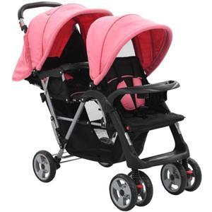 vidaXL Passeggino Gemellare a Tandem Pieghevole Leggero Regolabile Trasportino Bambini Neonati Rosa e Nero in Acciaio e Tessuto Oxford