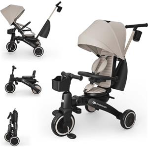 kk Kinderkraft Kinderkraft JAZZ 3 triciclo pieghevole 9 mesi-25 kg, seduta 360°, semi-reclinabile fronte/retro, capotta UPF 50+ impermeabile, ruota libera, chiusura compatta, Beige