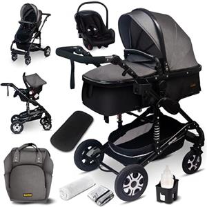GaGa Dumi GaGaDumi Florida 3 in 1 Passeggino Trio, Carrozzina, Seggiolino Auto, e Passeggino Pieghevole, Navicella con Accessori Inclusi, 0-36 mesi, grigio/nero
