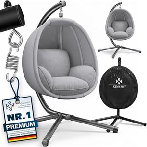 KESSER® Poltrona sospesa Luxe con telaio + morbido cuscino da seduta, imbottitura laterale, seduta e schienale imbottiti, cesto sospeso, per interni ed esterni, cesto a dondolo da giardino, grigio