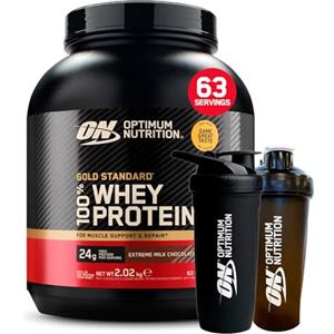 Optimum Nutrition Gold Standard 100% Whey Proteine in Polvere con Proteine Isolate e Aminoacidi per Massa Muscolare Cioccolato al Latte 2,02kg 63 Porzioni + SHAKER + REFORCE STEEL SHAKER