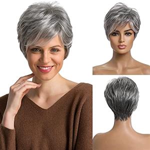 KRYLL Parrucche grigie corte per donna Parrucca taglio pixie naturale, parrucche sintetiche resistenti al calore, capelli naturali per uso quotidiano