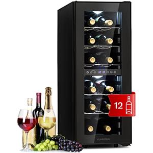 Klarstein Shiraz Cantinetta Vino Nero - 12 Bottiglie, 42 L, Doppia Temperatura | Frigo Vino a Libera Installazione, Porta in Vetro, Silenziosa, 5-18 °C, LED, Telaio Inox