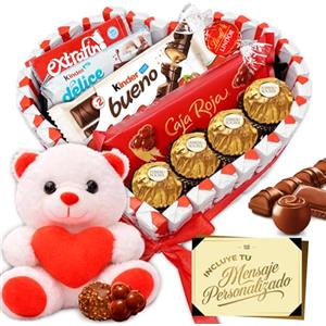 Premium Moments Cuore Sorpresa Regalo con Peluche e Oltre 40 Cioccolatini e Praline - Ferrero Rocher, Lindor, Caja Roja, Kinder - Biglietto Personalizzato