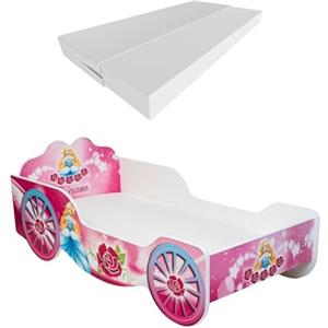 KOBI Letto Bambini Auto | Tema Principessa in Carrozza | 140 x 70 CM | Letto Forma Macchina per Bambino | Lettino Singolo | Lettini Bambina con Materasso