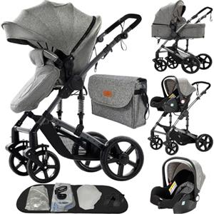 MoLi Passeggino Trio, Passeggino 3 in 1 con Doppia Modalità Push Reversibile, Trio Passeggino Neonati con Grande Navicella, Carrozzina per Neonati in Alluminio Pieghevole (588 Grey)