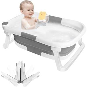 OHMG Vasca da Bagno Pieghevole per Bambini, Vasca Neonato Bagnetto, Vaschetta Bagnetto Portatile Multiuso, Grigio, con supporto, con Tappetino Antiscivolo e Foro di Scarico