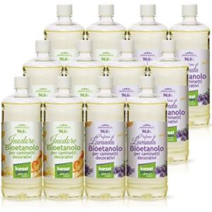 KieselGreen Bioethanolo 12 x 1 litro Set (6x Inodore + 6x con Fraganza) per Caminetto a Etanolo - Bio-etanolo profumato per Ambienti - Profumo per Caminetto a bioetanolo da Interno o da Tavolo L