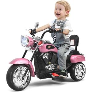 SOARS Moto Elettrica per Bambini 6V a 3 Ruote con Luci LED e Suoni, Motorino Triciclo con Acceleratore a Pedale, Motocicletta con Specchietto, 3 km/h, Carico 30 kg, 3+ Anni (Rosa)
