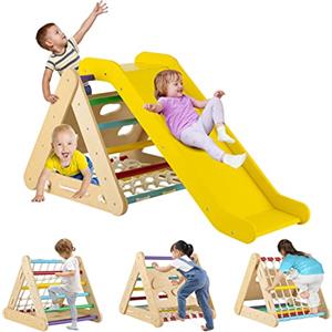 RELAX4LIFE 4 in 1 Triangolo da Arrampicata con Scivolo per Bambini, Scala per Arrampicarsi in Legno, Triangolo Montessori, Parco Divertimenti per Bimbi 1+ Anni (Colorato)