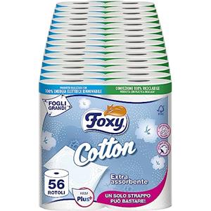 Foxy Cotton, Carta Igienica 5 Veli, 56 Rotoli, 115 Strappi per Rotolo, Fogli Extra Large, con Vere Fibre di Cotone, Carta 100% Certificata FSC, Confezione 100% Riciclabile