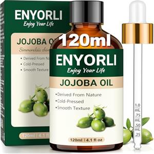 ENYORLI Olio di Jojoba 120 ml - 100% Naturale Idratazione Leggera Viso Corpo Capelli, Struccante Delicato, Nutrimento Unghie e Cuticole, Assorbimento Rapido, Senza profumo aggiunto