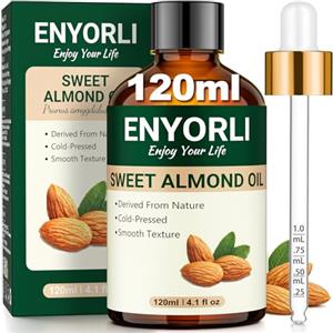 ENYORLI Olio di Mandorle Dolci 120ml - 100% Naturale Olio Naturale Idratante per Viso Corpo e Capelli, Assorbimento Rapido, Nutriente per Pelle Secca e Capelli Secchi, Multiuso per Massaggi