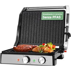 Aigostar Bistecchiera elettrica, Griglia Barbecue XXL, 2000W. Rivestimento antiaderente in ceramica, Timer di 30min, apertura a 180°, superficie di cottura 29 x 23 cm, temperatura regolabile. Roast