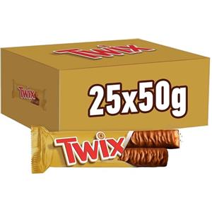Twix, Barretta Snack con Biscotto Gustoso e Croccante Con Caramello Ricoperto di Cioccolato al Latte, 25 barrette x50g (1250g), Vecchia versione
