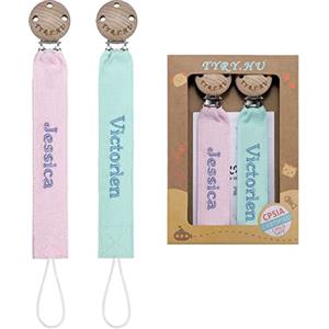 TYRY.HU Catenella Portaciuccio con Nome Personalizzata Porta Succhietto Clip di Legno Cotone Bambine Ragazzi Massaggiagengive Ciuccio Clip Baby Regalo, 2 Pezzi