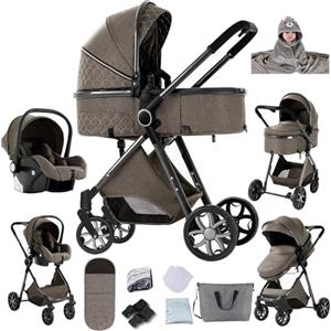 Veitoalioy Passeggino 3 in 1 Trio Neonati, Per Neonato 3 in 1 Passeggini, Carrozzino multifunzione, Passeggino Pieghevole (V9 Chocolate)