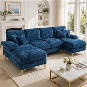 Lubvtti Divano moderno grande in ciniglia a forma di U con doppi sedili reclinabili,divano angolare,divano 4 posti per soggiorno/camera da letto,Blu