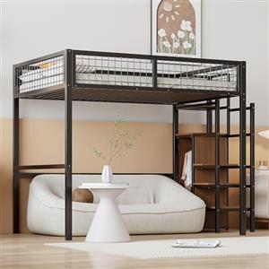 Azkoeesy letto matrimoniale a soppalco con scala e armadio, 140x200 cm, per bambini, ragazzi e adulti, struttura in metallo stabile, nero
