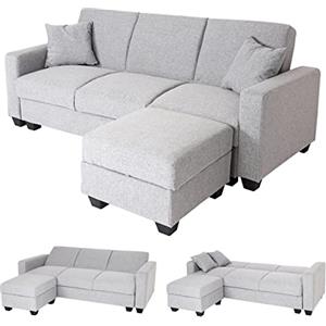 Mendler Divano Letto angolare Contenitore con penisola sofà reclinabile HWC-H47 Legno Tessuto Grigio Chiaro