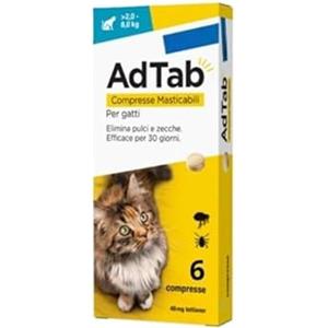Generico Ad Tab Antiparassitario per Gatti 2-8 kg - 6 Compresse Masticabili - Protezione da Pulci e Zecche - Facile Somministrazione