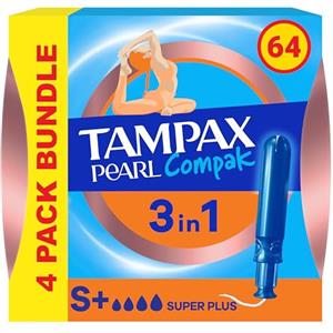 Tampax Compak Pearl Assorbenti Super Plus con applicatore, 64 tamponi (16 x 4 confezioni), protezione dalle perdite e discrezione