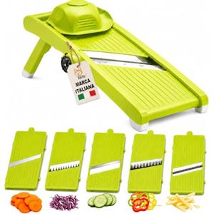 AKITAInk Mandolina Affettaverdure con Salvamano, 5 Tipi di Taglio Regolabile, Lama in Acciaio Inox, Julienne e Fette 3-6-9 mm, Affettatrice Manuale per Verdure, Facile da Pulire