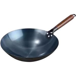 Yajuyi Wok Padella Antiaderente in Ferro Forgiato a Mano Fondo Piatto Manico in Legno Superficie Non Verniciata Adatta per Cuocere a Fuoco Vivo Cucina, 36 cm