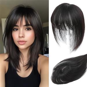 SEA SINGING Toupet in capelli umani per donne con frangia, cuciti a mano con copertura 360° 3D, naturali per capelli sottili - Parrucche per donne (Nero Naturale)