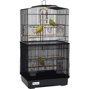PawHut Gabbia per Uccelli Portatile per Pappagallini 46.5x35.5x92cm Nero | Maniglia, Vassoio Estraibile, Porte, Voliera per Pappagalli, Posatoi in Legno, Altalena, Ciotole per Cibo