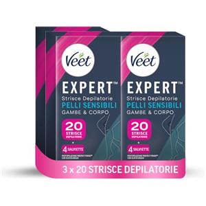 Veet Expert, Strisce Depilatorie Corpo e braccia Pelli Sensibili 60 Strisce, 3 confezioni