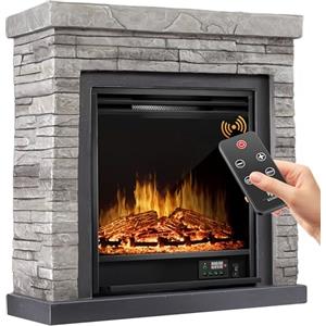 KESSER® Caminetto Elettrico da Appoggio - Effetto Fiamma LED 3D, Funzione Riscaldamento, Potenza 1800W, Aspetto Pietra/Grigio