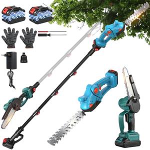LTPAG Motosega e tagliasiepi a batteria telescopica Combo, 4 in 1, mini motosega elettrica da 8 pollici, con batteria da 2 x 2000 mAh, 4 catene, guanti protettivi, adatti per cesoie da potatura e per la
