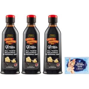 Felce Azzurra Confezione da 3 Monari Federzoni Glassa all'Aceto Balsamico di Modena,300g + 1 Confezione di Talco Felce Azzurra in omaggio, Busta da 100g