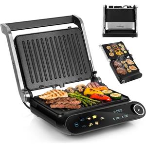 LEHMANN Griglia Elettrica, 2200 W, Apertura 180°, Piastre Antiaderenti Rimovibili, 10 Programmi, Regolazione Temperatura 90-230°C, Timer 1-240 min, Bistecchiera per Cucinare Carne, Pesce e Verdure