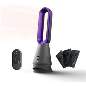 Faryuan Ventilatore senza Pale 3 in 1, Termoventilatore e Purificatore d'Aria, Torre Oscillante con Telecomando, 8 Velocità, Timer 9H, Silenzioso per Casa (Grigio e Viola)