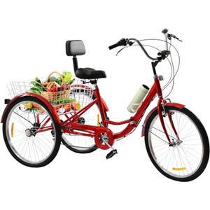 Taozhiyy Triciclo pieghevole da 24, 7 velocità, triciclo per adulti, bici da carico a 3 ruote con cestello, portabicchieri, faro, per adulti, anziani, donne, uomini, rosso