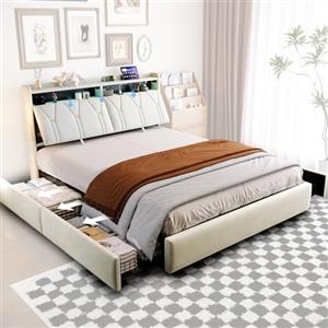 NFHVlo Letto Matrimoniale Multifunzionale 160x200 con Led Striscia e USB C, Letto Contenitore con Testiera e 4 Cassetti, letto Imbottito in Velluto con Rete a doghe,Struttura in Metallo, Beige-500KG