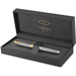 PARKER Sonnet penna stilografica, argento cesellato, dettagli placcati in oro, pennino sottile 18 K - Confezione regalo